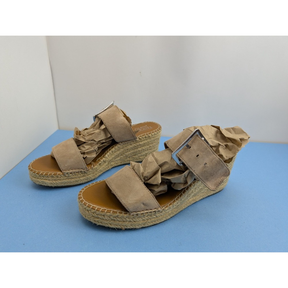 Franco Sarto Brown Buckle Wedge Sandals Size 11 Womens Beige Leather Espadrille